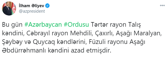 Баку восстановило контроль над семью поселениями в Нагорном Карабахе, - Алиев